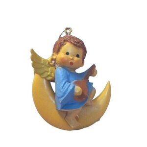 Angel Ornament Mandolin On Crescent Moon Christmas Tree Plastic Cherub Vintage